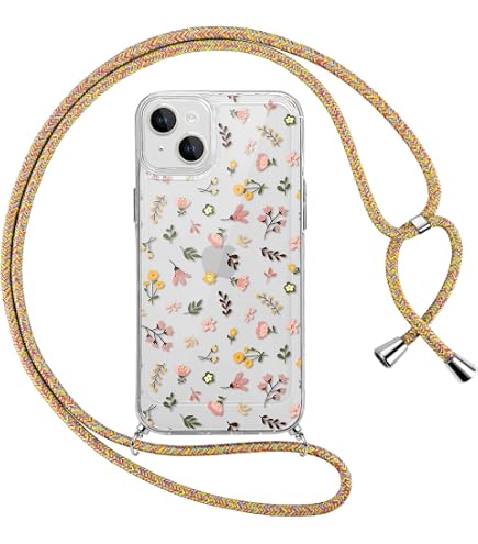 Yoedge Cover con Cordino per iPhone 14/iPhone 13 6,1, Custodia con Laccio Collana Regolabile Tracolla Aesthetic Disegni, Silicone Morbida TPU Necklace Protettiva Corda Case per iPhone 13, Fiore 02