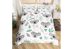 Homemissing Set di biancheria da letto con copripiumino con koala in stile cartone animato, per bambini e bambini, con motivo botanico, leggero, per letto singolo