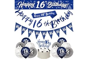YONTREE 16th Birthday Decorations for Boys - Navy Blue & Silver Banners, Party Decoration with 9ft Banner, Bunting, Sash, Confetti, Latex Balloons, Triangle Flags & Cake Toppers
