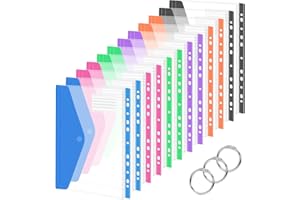 Surcotto 12 Pack Expandable Punched Pockets A4 Plastic File Jackets, Colourful File Pockets, A4 Folders Transparent Pocket with Velcro and Label Pocket for Home, Office and School, 6 Colors