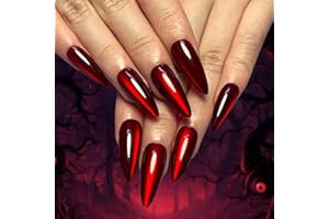 GlamRays paznokcie dociskane długie, sztuczne migdałowe paznokcie, sztuczne paznokcie z czerwonym wzzorowanym okiem kota z czerwonym brokatem, pełna osłona, tipsy do paznokci, pełna okrężność