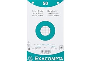 Exacompta - Réf. 12603E - Paquet de 50 fiches bristol quadrillées 5x5 perforées - sous film - compatibles avec imprimante jet d'encre, laser et photocopieur - format 125 x 200 mm - couleur blanc