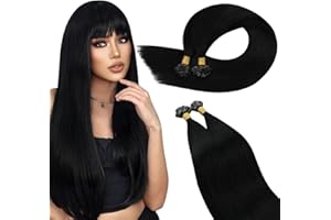 Ugeat Extension Capelli Veri Cheratina Jet Neri 60 cm 50 ciocche, Extension Capelli Cheratina Piatta Lunghi Nero, Remy Lisci Umani Veri 50grammi