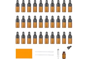Furuising 30 Piezas Mini Frasco Cristal Cuentagotas, 3ml Botellas Cuentagotas Vidrio, ámbar Frasco Cuentagotas, Mini Botellas Vacías con Pipetas, Jeringa para Aceite Esencial Fragancia Aromaterapia