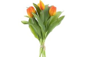 mucplants künstliche Tulpen Tulpenbündel mit 4 Tulpen und 3 Tulpenknospen real Touch (Orange-Rot)