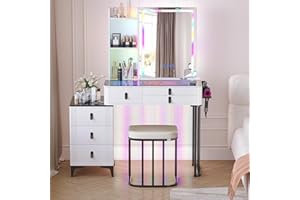 Gurexl RGB Dressing Table with Wireless Charging Station,7 Dynamic and 7 Static Dimmable Vanity Table with Visible Glass Top,Auto Sensor LED Make up Vanity with USB&Type-C Ports,Stool, Modern (White)