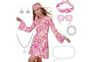 Matreeglam Vestito da Hippie Donna, Set Costume Carnevale Donna Anni 70, Accessorio Donna Costume con Occhiali Vintage, Fascia, Vestito di Paillettes per Festa Hippie