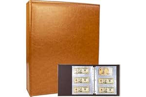 WITHYU A4 3-Ring Currency Collection Album Premium PU Leather – Banknote Organiser for Bills, Foreign Money & Tickets with 180 Pockets (Includes 30 Refill Pages) – Secure & Organised Storage (Brown)