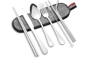 Orssmigs 7 Piezas Cubiertos para Llevar, Cubiertos Camping Estuche Cubiertos Portátil Cubertería de Camping Acero Inoxidable Juego de Cubiertos de Viaje Portátil (Plata)