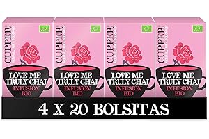 Cupper - Pack de 4 Cajas de 20 Bolsitas de Infusiones Ecológicas Love Me Truly - Propiedades Digestivas - Contiene Canela, Jengibre, Raíz de Regaliz y Clavo - Apto para Veganos