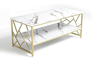 Soayone Wohnzimmertisch Weiß Marmor Couchtisch mit Stauraum Sofa Tisch für Wohnzimmer Couchtisch Gold MDF Tisch