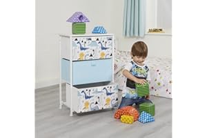 Liberty House Toys Kids Dinosaur Chest of Drawers - Furniture Storage Chest for Kid’s, Bedroom, Nursery, Playroom, Clothes, Toy Storage - Steel Frame, Wood Top, 3 Fabric Bins, Dinosaur Storage