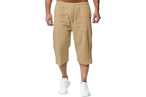 Remxi Short 3/4 en Lin pour Homme - Coupe Ample - Pantalon Cargo d'été décontracté