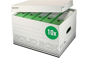 ‎ESSELTE Leitz Solid Box Aufbewahrungs- und Transport-Schachtel, Größe L, Schachtel für Leitz A4 Archivbox oder A4 Ordner, Transportbox mit Deckel, 100 % geriffelter Recyclingkarton, 10 Stück, Weiß, 61190001