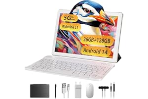 TIGERFU Tablet, Tablet 10 Pollici Android 14, 36GB RAM+128GB ROM(TF 1TB), 5G/2.4G WiFi, Octa-Core 2.0 GHz, BT 5.0, Batteria 8000mAh, 8MP+5MP, Tab 2 in 1 con Tastiera, Penna, Mouse - Oro