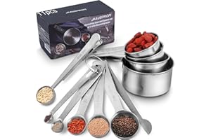HAUSPROFI Edelstahl Messbecher und Löffel mit Messlineal, Scoop mit Clip, 4 Messbecher & 5 schmalgenaue Messlöffel & 1 Messlineal (Richtmaschine) & 1 scop mit clip, 11er-Set