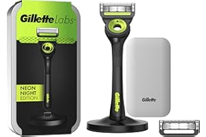 Gillette LABS RASOIO UOMO, con 2 LAMETTE DA BARBA di Ricambio, Base Magnetica e BARRA INTEGRATA Elimina Impurità Pelle, Rasatura Facile, Comfort Ottimale, CUSTODIA DA VIAGGIO, Nero e Verde,Idea Regalo