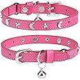 DILLYBUD Leather Cat Collars with Bell and Safety Elastic Belt, Personalized Star and Moon Stud Adjustable Safe Buckle Collar for Kitty Small Big Cats Size 8-12 Inch, Rose