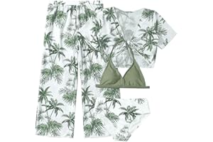 SOLU DAY8 Ensembles de Bikini 4 Pieces Pas Cher Maillot De Bain Ado Fille 7-11 Ans Tropical Haut De Maillot De Bain + Tanga + Pantalon + Paréo Manche Courte Enfant Fille Plage Piscine