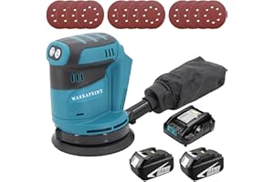 WAKKAPEINT Orbital Sander, Brushless Random Orbital Sander with 2X 5500mAh Battery, 6 Variable Speeds, 12Pcs Sandpapers, Electric Sander with Dust Collection Perfect for Wood and Steel Surfaces