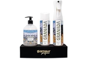 GLAMOUR PARFUM - Pack Ambientador Textil + Recambio 300 ml + Jabón de Manos 500 ml - Ambientador Hogar Granada - Aroma Floral y Amaderado - para Pulverizar en la Cama o en Cortinas