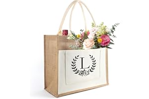 Tarklanda Sac Toile Jute Initiale Personnalisé, Sac en Toile de Jute avec Lettre et Fleurs, Sac Cabas de Course Femme, Cadeau pour Femmes, Amis, Anniversaire, Vacances, Mariage, Fête des mères (L)