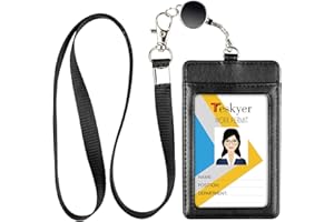 Teskyer Etui na karty z wysuwaną smyczą, etui na identyfikatory z przezroczystym okienkiem, pomieści 2 karty, skóra PU, pionowe etui na dowód osobisty, biura, szkoły, bilety autobusowe, czarne