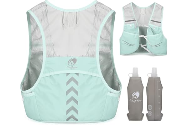 Outplea Gilet Hydratation avec 2pcs 500ml Bouteilles d’Eau Douce, Ultra Léger Gilet Trail Running Femme Homme, Réglable Sac Hydratation Running pour Randonnée Course à Pied Sport, Vert, M