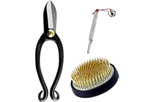 Wazakura Kit Ikebana Esencial de 3 herramientas de arreglos florales japoneses (Tijeras Ikenobo + Kenzan de latón 61mm + Limpiador de kenzan)