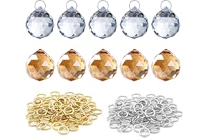 PSOWQ Acchiappasole in cristallo da appendere, cristalli per prismi, fai da te, feste di matrimonio e ghirlande(10 sfere di cristallo, Trasparente e champagne, 400 anelli di metallo)