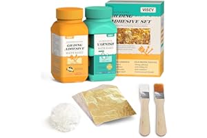 VISCY Blattgold Kleber Set mit 100ml Blattmetallkleber auf Wasserbasis und 100ml Lack, 100 Stück Blattgold, 2 Pinsel, Blattgold Wischwatte, Blattgold Acrylmalerei für Basteln und Malen.