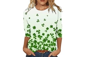 CGGMVCG St. Patricks Day Shirt für Damen, 3/4-Ärmel, Kleeblatt-T-Shirt, modisch, Rundhalsausschnitt, Kleeblatt-Druck, irische Festival-Kleidung