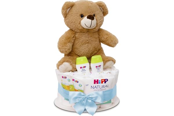 MilaBoo® Gâteau de couches bleu garçon avec un petit ourson tout doux I cadeau de qualité pour nouveau-né avec des couches et des produits de Hipp I cadeau de naissance personnalisé