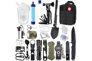 AuRiver Kit di sopravvivenza 22 in 1, kit di emergenza per esterni, attrezzatura di sopravvivenza per esterni con filtro per acqua, sacca d'acqua per campeggio, avventura, escursionismo (Nero)