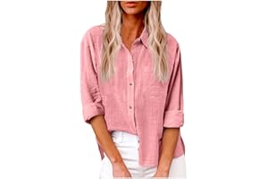 HAOLEI Camicia Donna Lino Cotone, Elegante Curvy Camicia in Lino Camicia con Maniche Lunga e Colletto a Revers in Tinta Unita Leggera e Comoda per L'Estate Camicetta da Donna alla Moda Camicia da Spiaggia