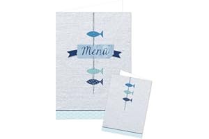 ‎LOGBUCH-VERLAG Logbuch-Verlag 10 Menükarten blau weiß mit Fische Motiv - leere Speisekarten zum Bedrucken - Tischdeko Kommunion Taufe
