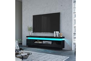 BESTWANTED TV Stand Cabinet Modern Black Gloss TV Stand Unit with LED Lights 150CM, 5 Drawers, 1 Open Shelf and Hidden Top Storage Space, for Bedroom Living Room Home Furniture