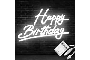 GINSSO White Happy Birthday Neon Sign Battery Operated, USB Powered Neon Signs for Wall Decor, Adjustable Brightness Happy Birthday Signs(15 x 9.6 inches)