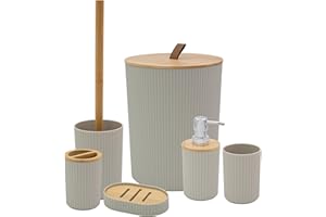 Anika Bathroom Accessory Set/Modern Bathroom Essentials Set/Includes Toothbrush Holder, Waste Bin, Toilet Brush, Cup, Soap Dish and Soap Dispenser (Stone)