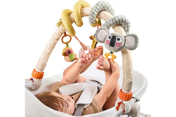 TUMAMA 2-i-1 lekbåge med baby barnvagn, spiralleksak 0-12 månader, aktivitetsspiral för säng & bilstol, mjuk leksak bil, babyskål, leksak baksäte med bitring