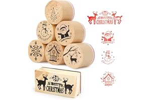 BETESSIN 7pcs Sellos Navidad, Sellos de Madera Redondos de Navidad en Forma de Copo de Nieve Árbol de Navidad Reno Muñeca Papá Noel, Sellos de Merry Christmas Rectángulo para Manualidad Sobre