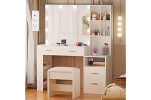 BEWISHOME EFST28W duża toaletka z lustrem i oświetleniem, toaletka ze szklanym blatem i gniazdkami, toaletka z szufladami, otwarte półki, biała toaletka EFST28W