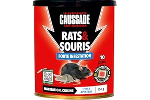 CAUSSADE Anti Rats & Souris - Forte Infestation - Lieux secs & humides - 10 Sachets pâtes Fluorescents - Prêt à l'emploi - Une Ingestion Suffit - Fabriqué en France - 150g - CARSPT150N