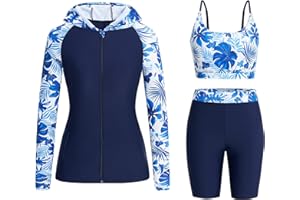 Owntop Damski 3-częściowy zestaw Rash Guard | UPF50+ stroje kąpielowe z kapturem koszulka UV | koszulka z długim rękawem z zamkiem błyskawicznym Rashguard Shirts & Bikini Top i szorty z wysokim stanem