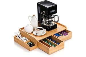 SOUJOY Bamboo Drawer Organizer for Coffee Pod, K Cup Organizer for Counter, Tea Bag Storage Organizer with Drawer and Side Storage Box for Kitchen Office Coffee Bar