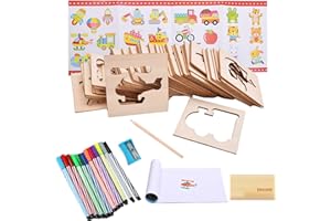 liuer Set di Stencil,60PCS Stampini da Disegno in Legno Riutilizzabile Stencil Journal e Penne Fineliner per Scrapbooking Notebook Diario Album Artigianato Finestra Creativo Pittura Stencils Set