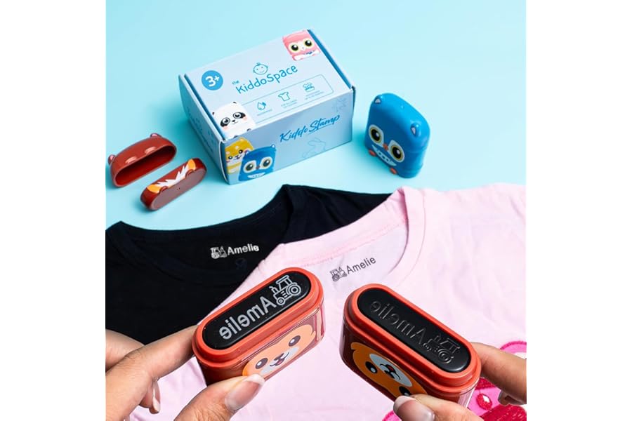 KiddoSpace Name Stamps for Kids Clothes - Kiddostamp Double Sided Customized Name Stamp - Personalised Clothing Stamps - Waterproof Name Stamp (White + Black Ink)