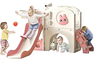 LEFLUFFY 8-In-1 Toddler Slide and Climber Playset, Kids Slide Playground with Stairs, Tunnel, Telescope, Storage, Basketball Hoop and Ball, Indoor Outdoor,Gift for Boys Girls Age 1-8 (Pink and white rabbit)