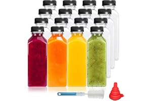 YBCPACK Lot de 16 bouteilles de jus en plastique de 350 ml avec couvercles hermétiques pour mini réfrigérateur, bouteilles vides réutilisables pour smoothie, jus et autres boissons (couvercle noir)
