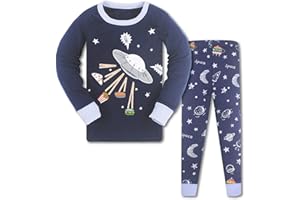 HIKIDS Bambino Pigiama Ragazzi Maniche Lunga Cotone Ragazzo Pigiami Astronauta Razzo Macchine Spazio Pianeta Navicella Bulldozer Escavatore Trattore per Bambini Pigiami Bambino Due Pezzi 3-8 Anni